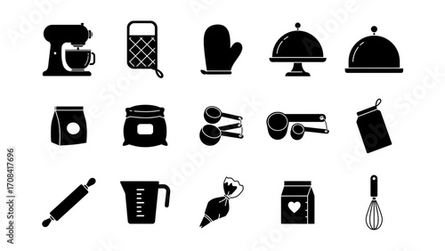 Collection of kitchen baking and cooking utensil icons for food preparation