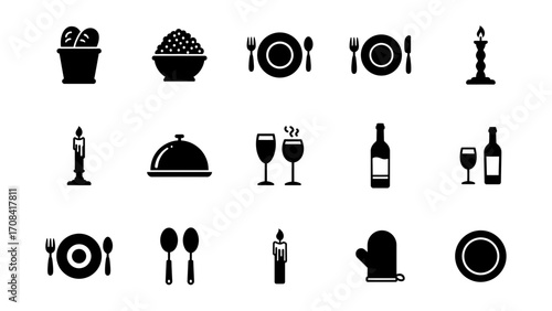 Black and White Dining Icons with Food and Drink Elements Set