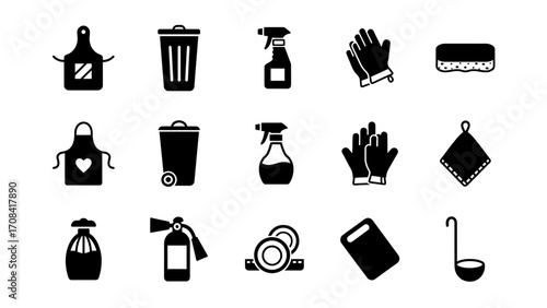 Graphic concept illustrations of various household cleaning products, kitchen utensils, and maintenance tools for domestic tasks