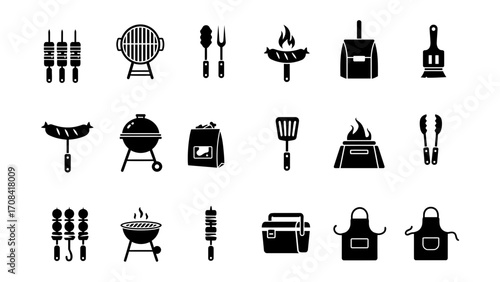 A collection of monochrome icons for outdoor barbecue, grilling tools, and cooking equipment
