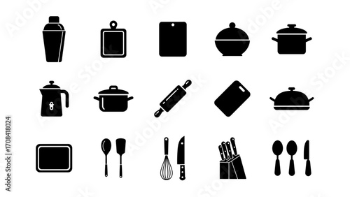 Kitchenware icons for cooking, baking, and food preparation