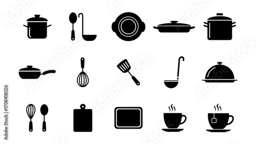 Vector set of essential kitchen and cooking utensils, pots, pans, and beverage cups icons collection