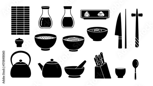 Japanese Cuisine and Tableware Line Art Illustrations