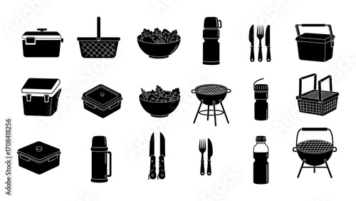 Picnic Essentials Illustration of Various Picnic Baskets, Coolers, and Food Items