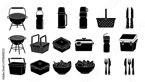 Collection of picnic and barbecue accessories, organized in a grid layout