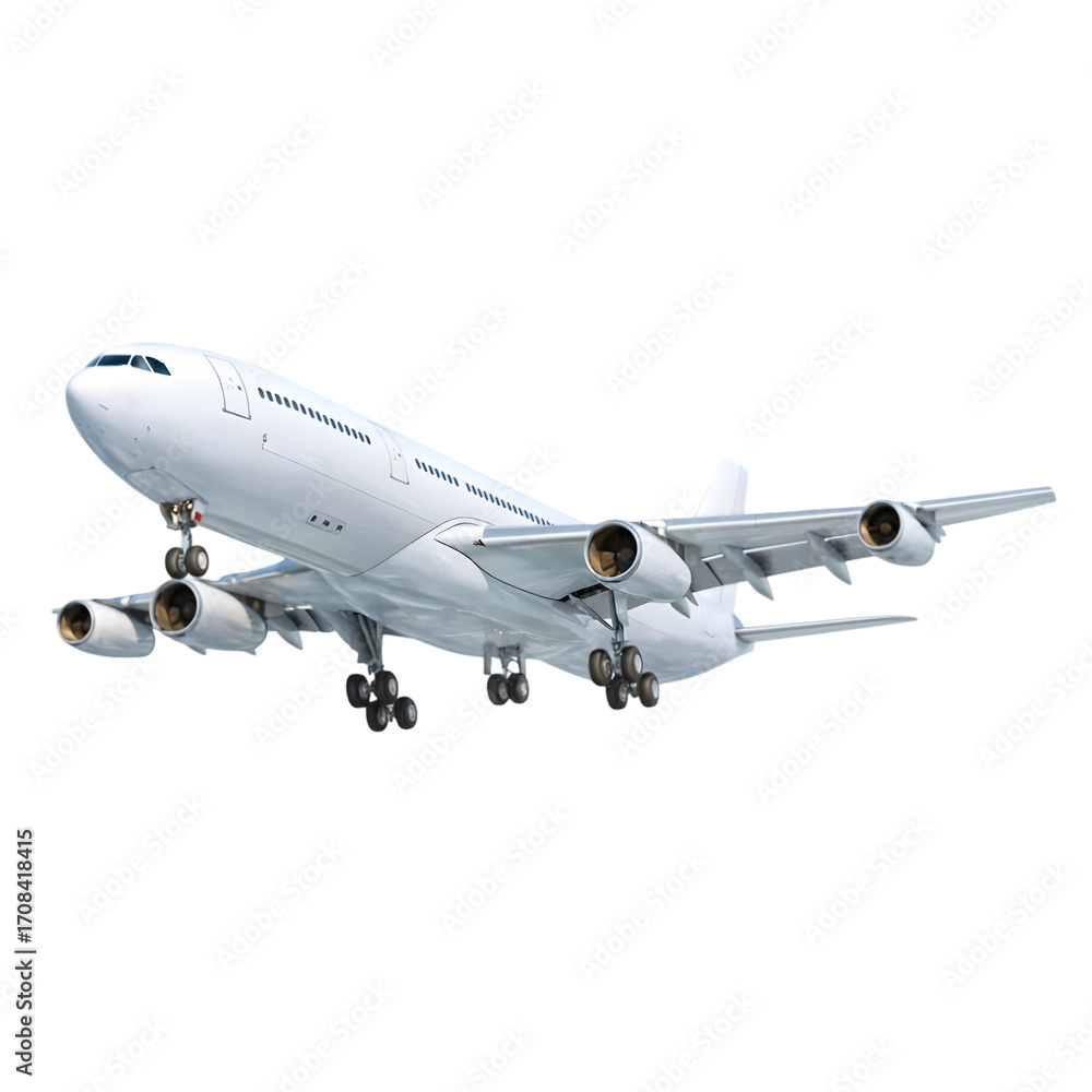 Fototapeta premium A large white passenger airplane with its landing gear down, flying in the air isolated on transparent background