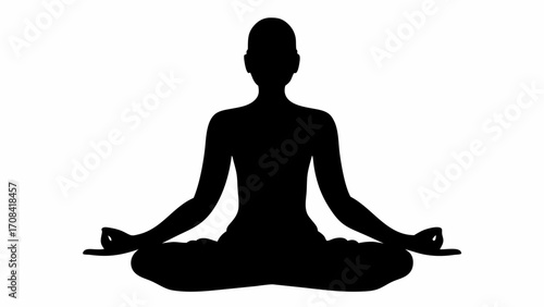 Silhouette of a person meditating in lotus position against a white background with arms resting on knees