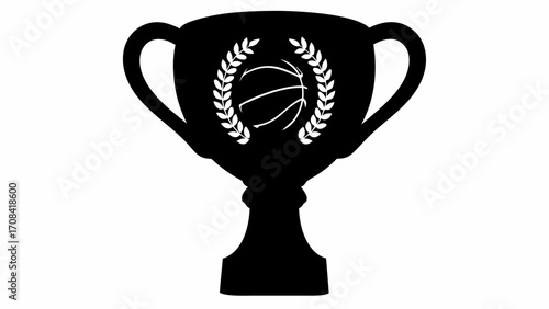 Silhouette of a trophy cup with handles and a basketball laurel wreath in the center of the cup design
