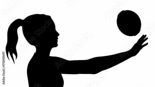 Silhouette of a woman with a ponytail reaching for a round object against a white background view from side