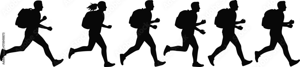 Obraz premium PrintSilhouettes of people running with backpacks, black vector illustration showing side view of active individuals in motion for fitness or travel