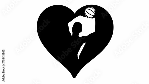 Silhouette of basketball player dunking inside a heart shape on a white background illustration art