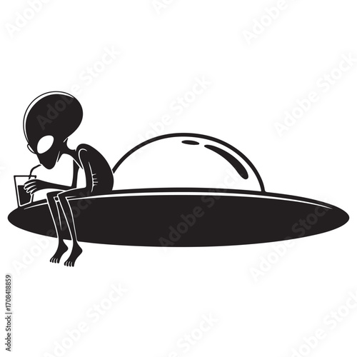 Alien Sitting on Flying Saucer Holding Drink in Whimsical Sci-Fi Cartoon Vector Illustration