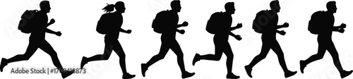 PrintSilhouettes of people running with backpacks, black vector illustration showing side view of active individuals in motion for fitness or travel