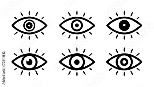A set of six black eye icons in simple line and solid styles, displayed on a white background. The designs vary: an eye with radiating lines suggesting vision or awareness, basic outlined eyes, filled