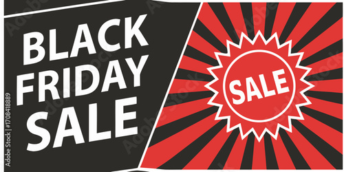 A bold and modern Black Friday sale banner with a dynamic red and black color scheme. The left side features a solid black background with large white text reading BLACK FRIDAY SALE and smaller yellow