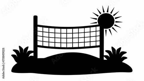 Silhouette of a beach volleyball net with sun and plants in black and white simple vector illustration