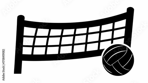 Illustration of a volleyball net with a volleyball on the side in black and white simple vector design