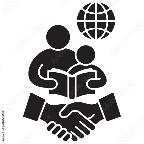 Global Education Silhouette Featuring Adult and Child Reading with Globe and Handshake Vector Illustration