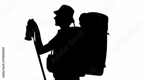 Silhouette of a hiker with a large backpack and hat holding a walking stick on a white background view