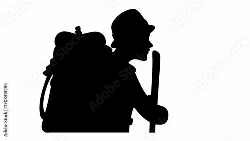 Silhouette of a hiker with a backpack and walking stick against a white background in a side profile view