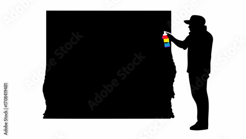 Silhouette of a man in a cap spraying a large black rectangle with a colorful spray paint can on white