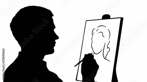 Silhouette of artist drawing a portrait on an easel with a pencil in black and white simple illustration