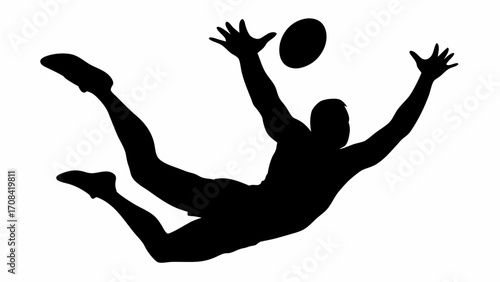 Silhouette of a football player diving to catch the ball with arms outstretched on a white background