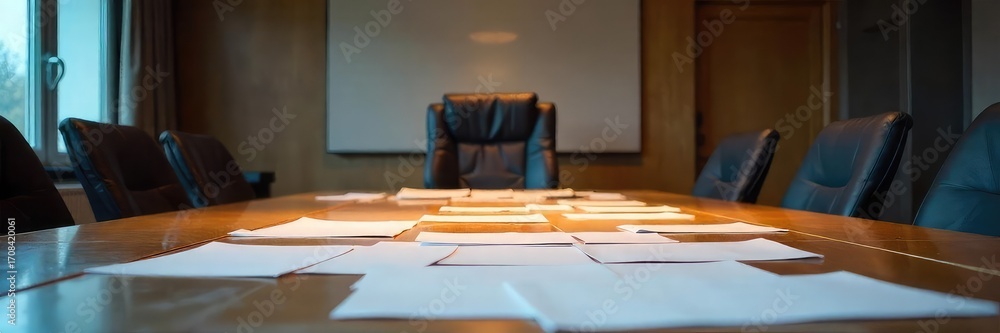 Obraz premium A single, empty chair sits at a conference table, papers scattered, suggesting a missed meeting or a failure to participate , business meeting, single chair