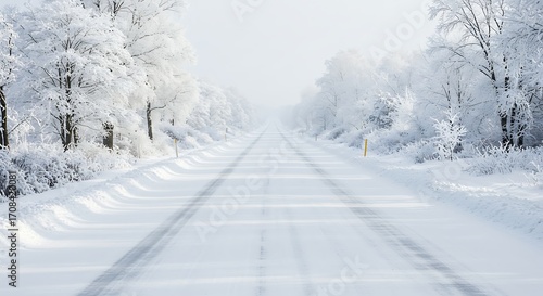 Snowy road through trees