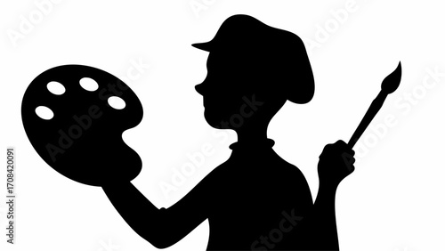 Silhouette of an artist holding a palette with paint and a paintbrush ready to create a new artwork