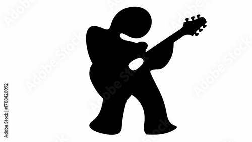 Silhouette of a stylized figure playing a guitar with a rounded head and body in a dynamic pose on white
