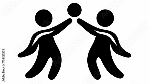 Two stylized figures reaching for a ball in a black and white graphic representation of teamwork and sport