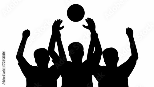 Silhouette of three people with raised hands reaching for a ball against a white background design art