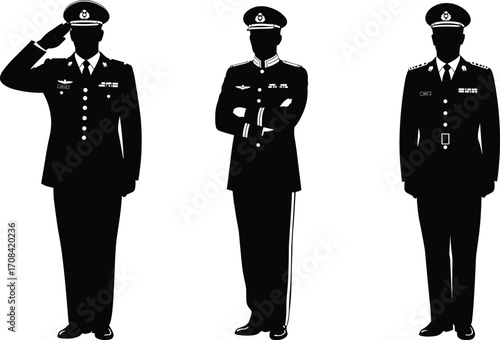 PrintVector illustration of military officers in formal uniform, saluting, standing, and crossing arms, symbolizing discipline, honor, leadership, and service.