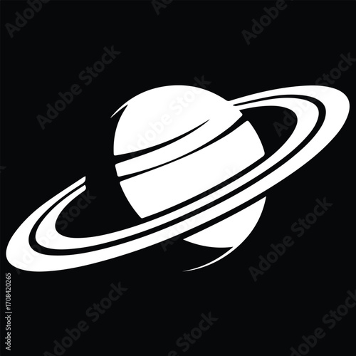 Stylized Saturn-Like Planet Silhouette with Rings on Black Background Vector Illustration