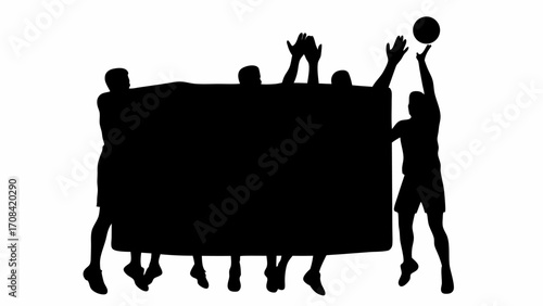 Silhouette of basketball player shooting ball with team holding up large banner on white background
