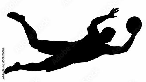 Silhouette of a goalkeeper diving to catch a ball with outstretched arms and legs in a dynamic action pose