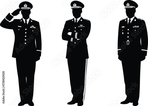 PrintVector illustration of military officers in uniform standing at attention, saluting, and with arms crossed, representing respect, discipline, honor, and duty.