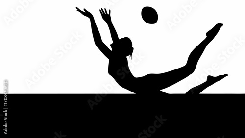 Silhouette of a female gymnast reaching for a ball while performing a floor routine on a solid surface