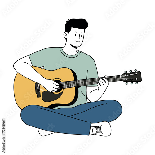 Musician strumming guitar at home creative expression digital illustration relaxed setting inspirational vibe. Vector illustration