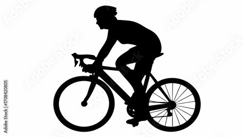 Silhouette of cyclist wearing helmet riding bicycle in profile view on a white background in black color