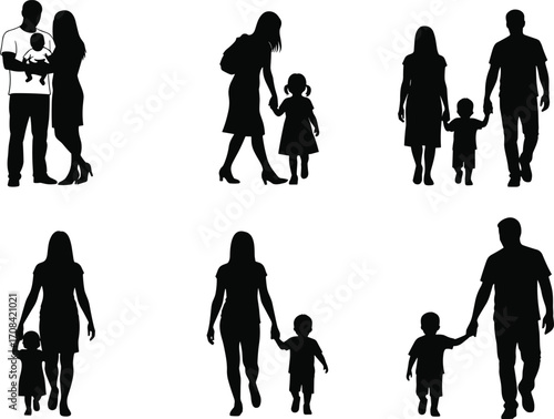 PrintVector silhouettes of parents walking with children, holding hands, family relationship concept, love, care, father, mother, and kids.