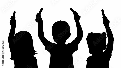 Silhouette of three children raising their hands and holding pencils or crayons in a classroom setting