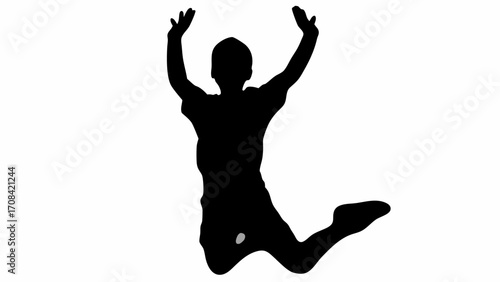 Silhouette of a person jumping with arms raised in the air and one leg bent at the knee in black color