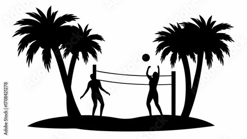 Silhouette of two people playing volleyball on a beach with palm trees in the background on a sunny day