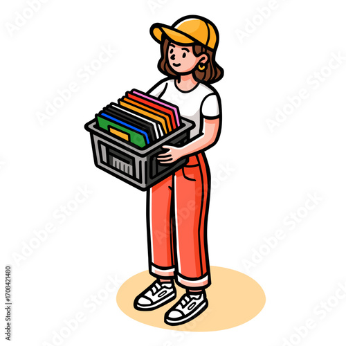 Young woman holding a crate of colorful vinyl record albums, cartoon illustration