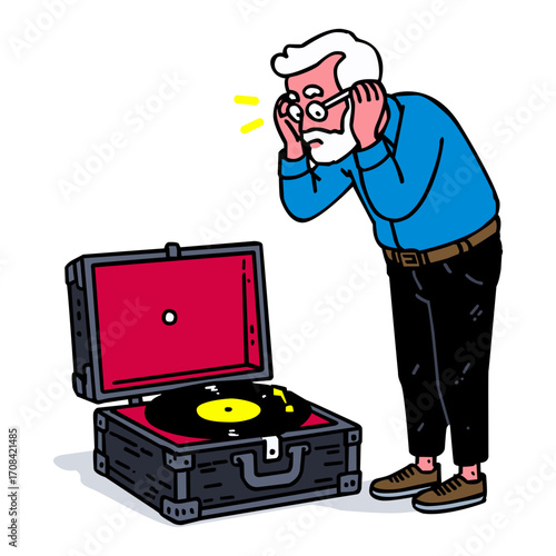 illustration of an elderly man looking concerned at a scratched vinyl record inside its carrying case