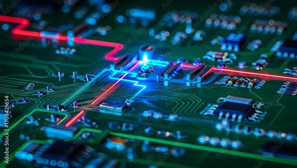 Fototapeta premium Modern printed circuit board with electronic components and glowing traces