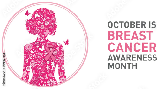 Symbolic silhouette of a woman adorned with floral patterns and a pink ribbon for breast cancer awareness.