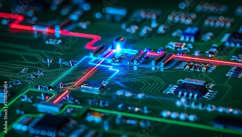 Modern printed circuit board with electronic components and glowing traces